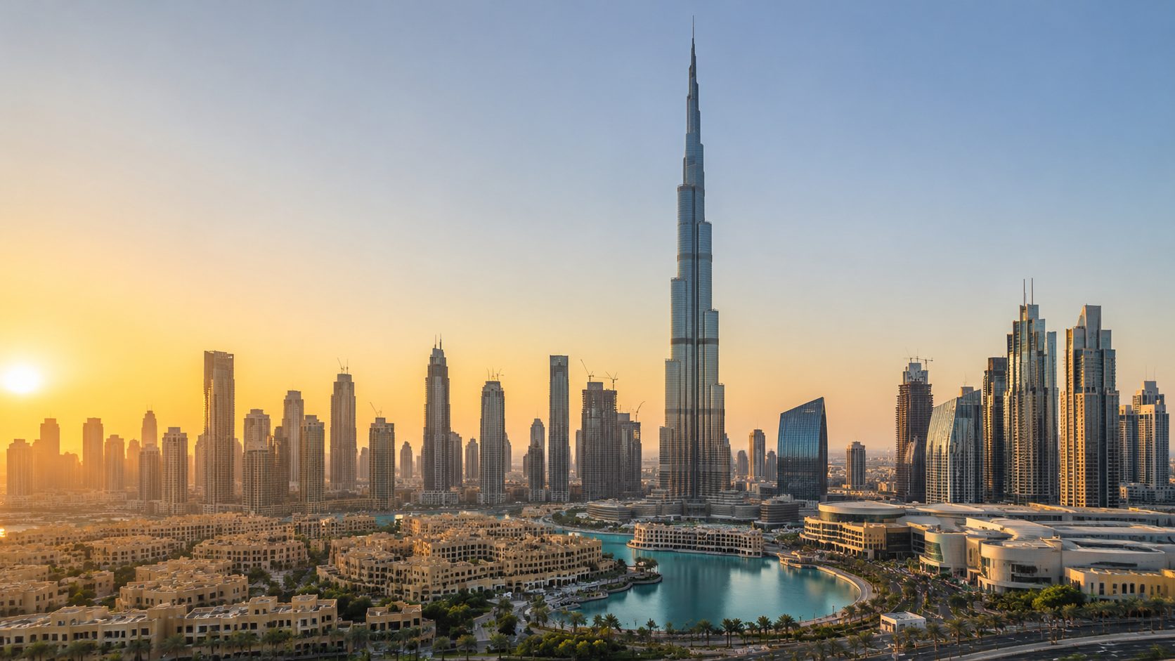 Downtown Dubai and Burj Khalifa at sunset